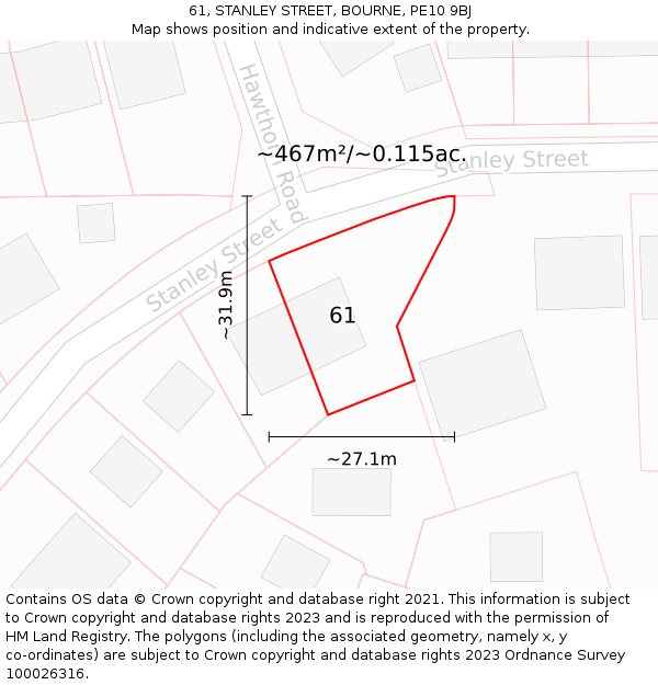 61, STANLEY STREET, BOURNE, PE10 9BJ: Plot and title map