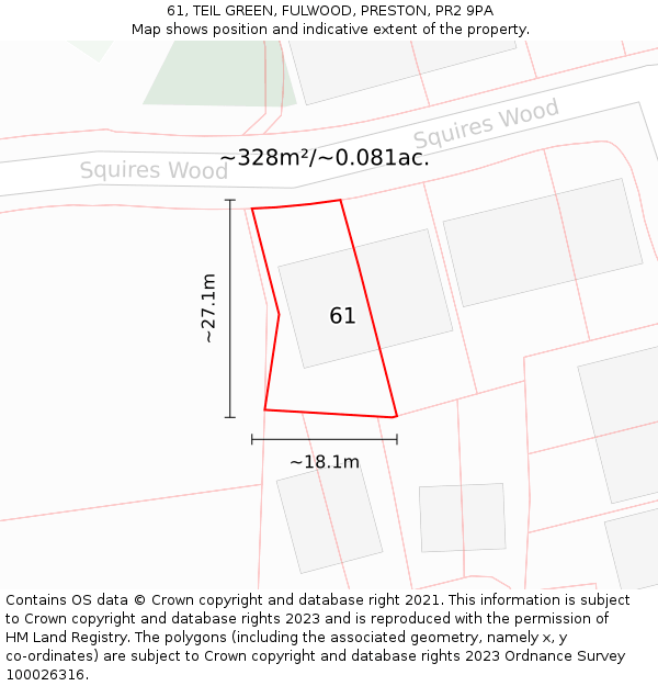 61, TEIL GREEN, FULWOOD, PRESTON, PR2 9PA: Plot and title map