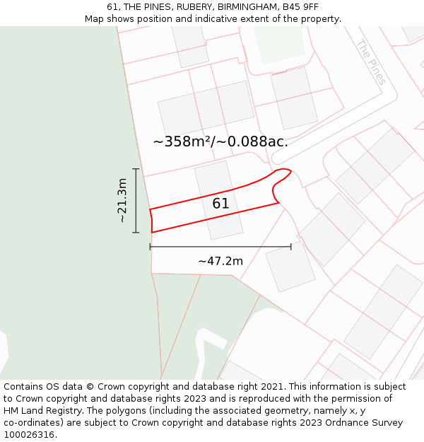 61, THE PINES, RUBERY, BIRMINGHAM, B45 9FF: Plot and title map