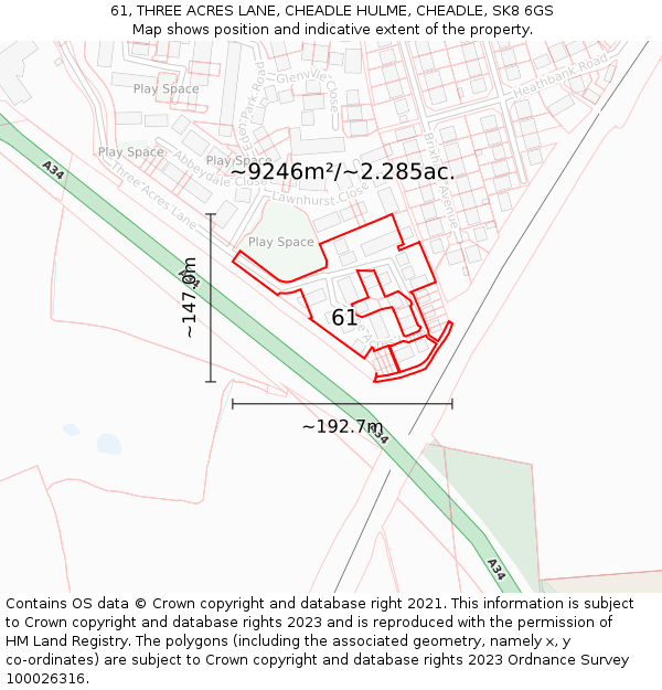 61, THREE ACRES LANE, CHEADLE HULME, CHEADLE, SK8 6GS: Plot and title map