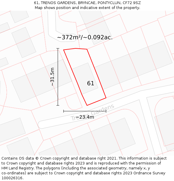 61, TRENOS GARDENS, BRYNCAE, PONTYCLUN, CF72 9SZ: Plot and title map