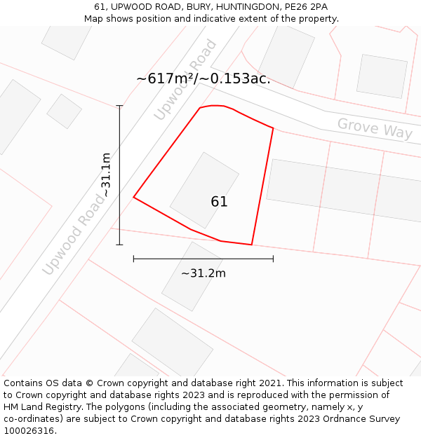 61, UPWOOD ROAD, BURY, HUNTINGDON, PE26 2PA: Plot and title map