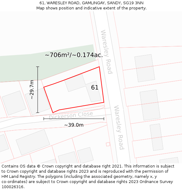 61, WARESLEY ROAD, GAMLINGAY, SANDY, SG19 3NN: Plot and title map