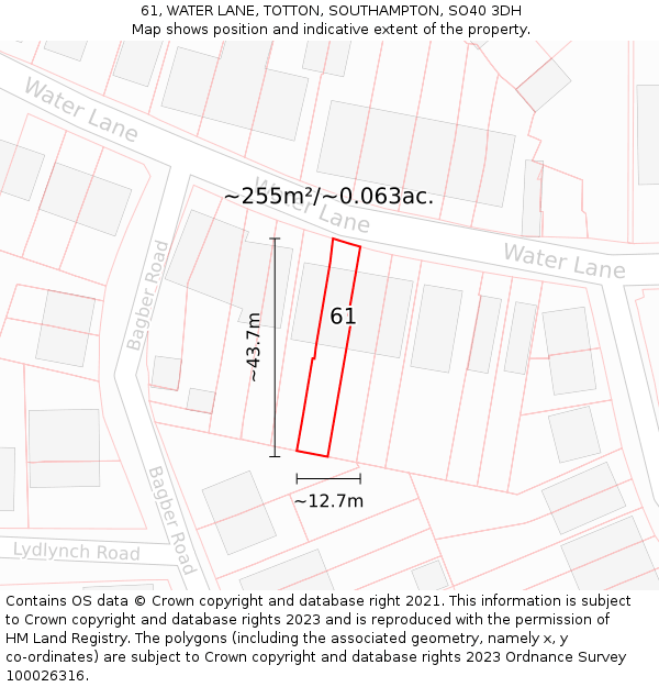 61, WATER LANE, TOTTON, SOUTHAMPTON, SO40 3DH: Plot and title map