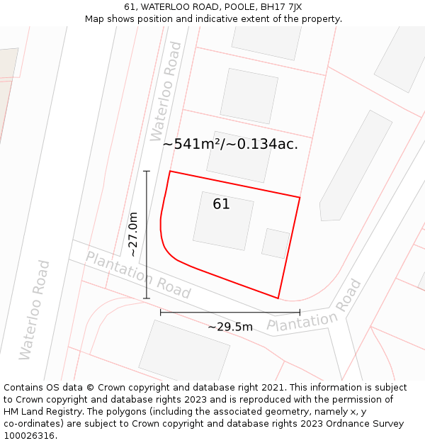 61, WATERLOO ROAD, POOLE, BH17 7JX: Plot and title map