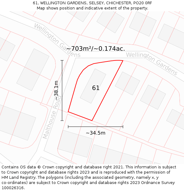 61, WELLINGTON GARDENS, SELSEY, CHICHESTER, PO20 0RF: Plot and title map