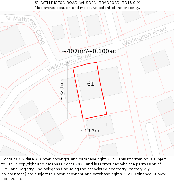 61, WELLINGTON ROAD, WILSDEN, BRADFORD, BD15 0LX: Plot and title map