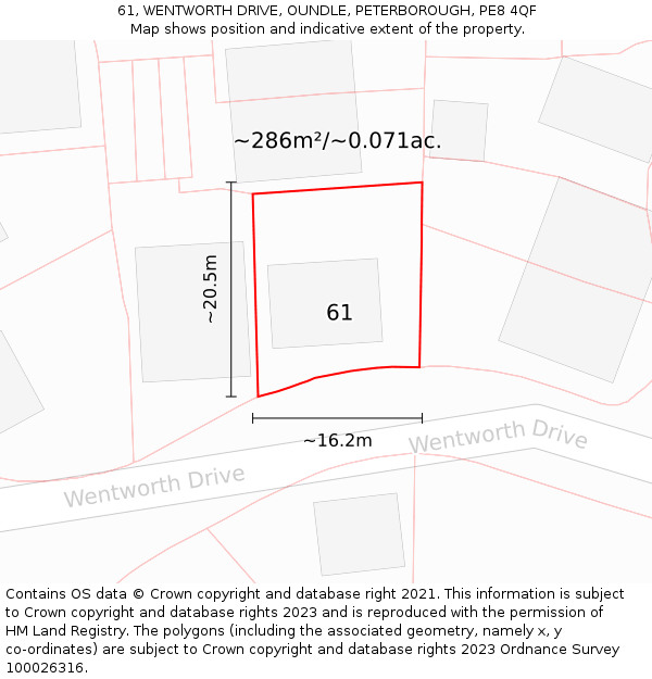 61, WENTWORTH DRIVE, OUNDLE, PETERBOROUGH, PE8 4QF: Plot and title map