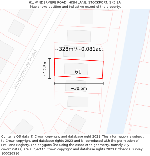 61, WINDERMERE ROAD, HIGH LANE, STOCKPORT, SK6 8AJ: Plot and title map