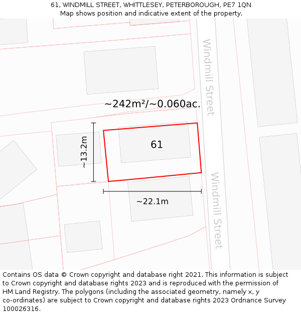 61, WINDMILL STREET, WHITTLESEY, PETERBOROUGH, PE7 1QN: Plot and title map