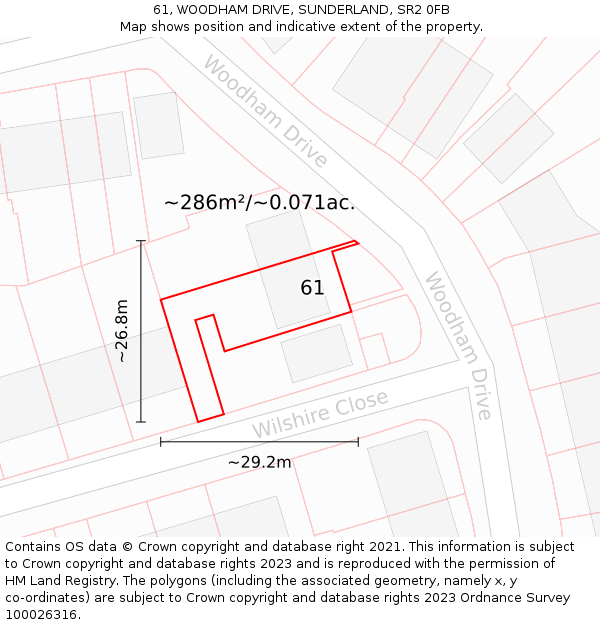 61, WOODHAM DRIVE, SUNDERLAND, SR2 0FB: Plot and title map