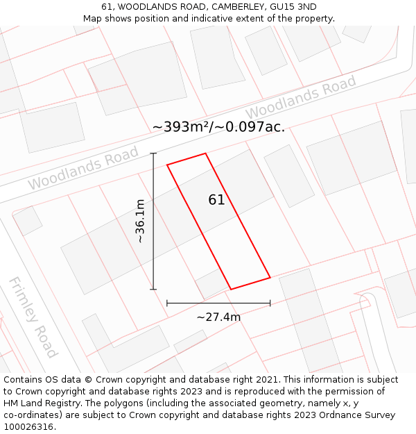 61, WOODLANDS ROAD, CAMBERLEY, GU15 3ND: Plot and title map
