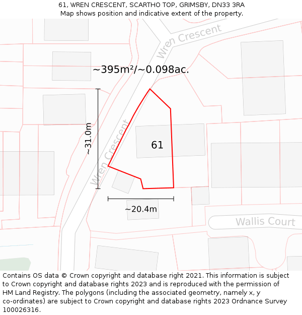 61, WREN CRESCENT, SCARTHO TOP, GRIMSBY, DN33 3RA: Plot and title map