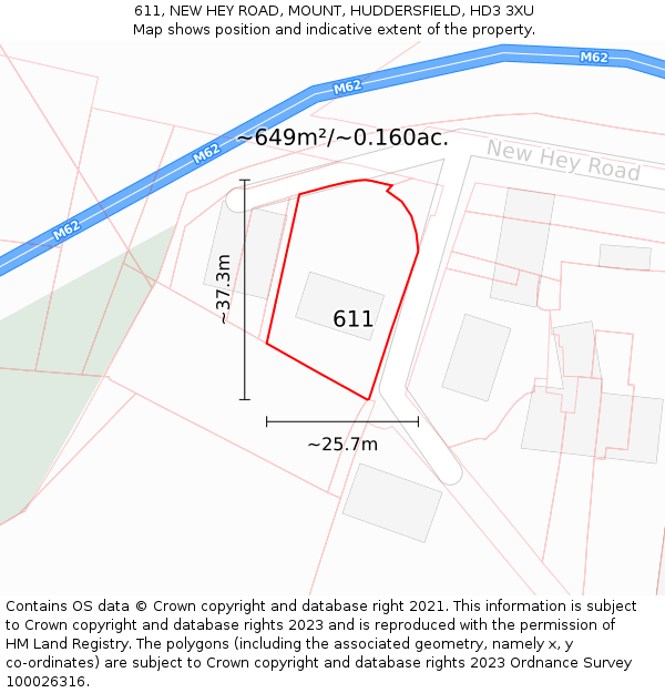 611, NEW HEY ROAD, MOUNT, HUDDERSFIELD, HD3 3XU: Plot and title map
