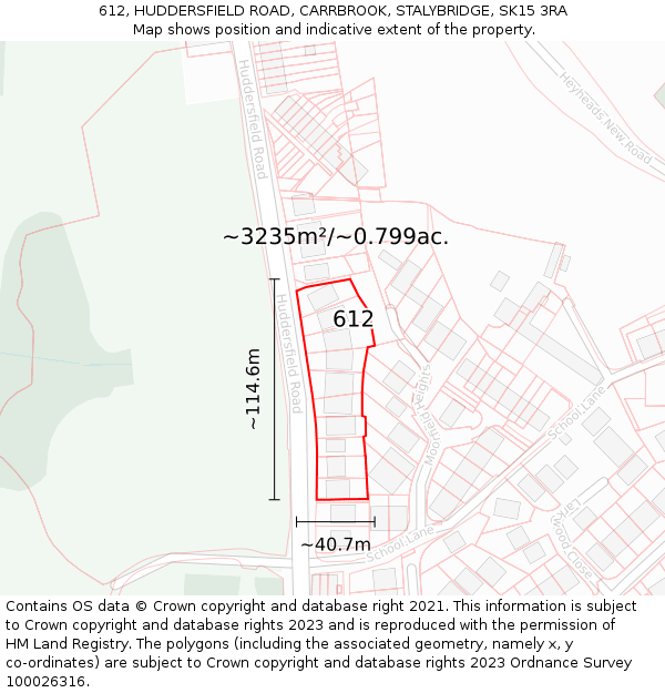 612, HUDDERSFIELD ROAD, CARRBROOK, STALYBRIDGE, SK15 3RA: Plot and title map