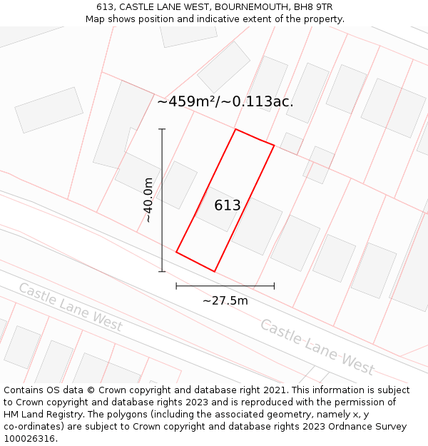 613, CASTLE LANE WEST, BOURNEMOUTH, BH8 9TR: Plot and title map