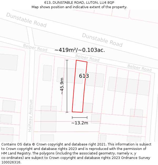 613, DUNSTABLE ROAD, LUTON, LU4 8QP: Plot and title map