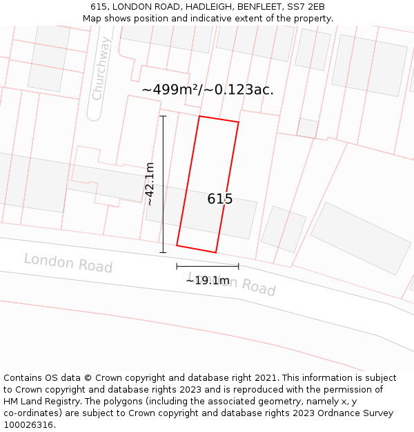 615, LONDON ROAD, HADLEIGH, BENFLEET, SS7 2EB: Plot and title map