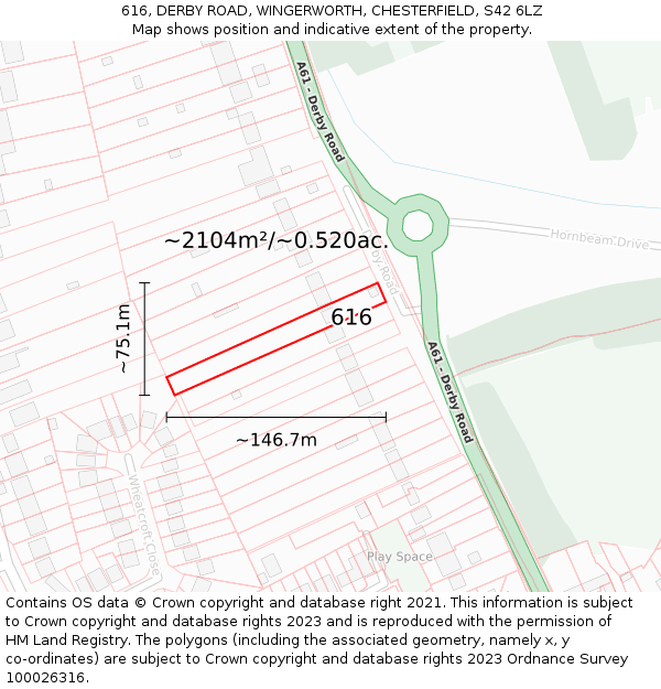 616, DERBY ROAD, WINGERWORTH, CHESTERFIELD, S42 6LZ: Plot and title map