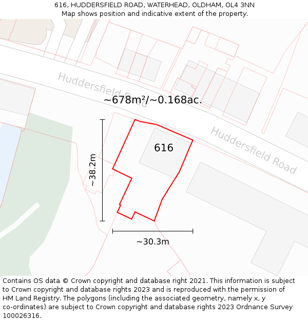 616, HUDDERSFIELD ROAD, WATERHEAD, OLDHAM, OL4 3NN: Plot and title map