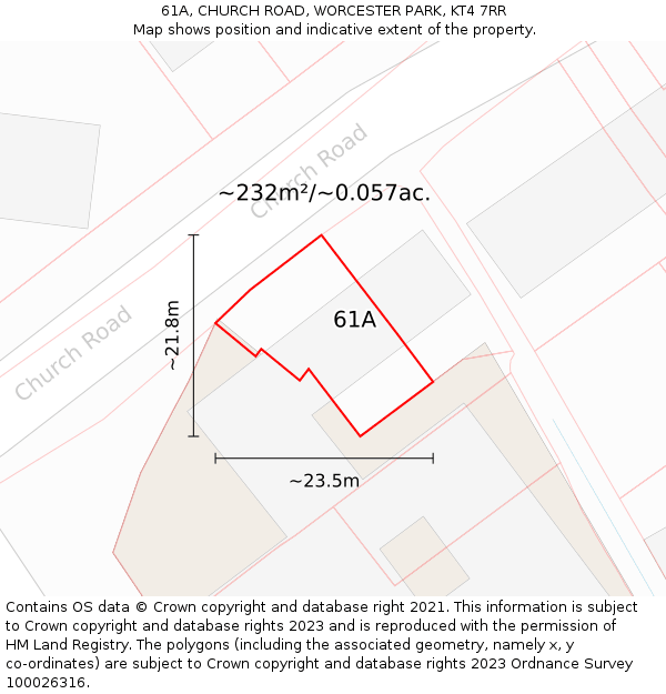 61A, CHURCH ROAD, WORCESTER PARK, KT4 7RR: Plot and title map