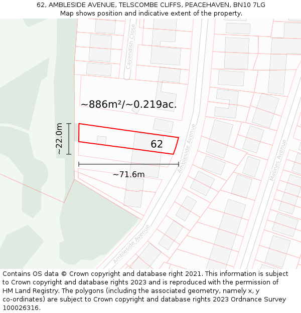 62, AMBLESIDE AVENUE, TELSCOMBE CLIFFS, PEACEHAVEN, BN10 7LG: Plot and title map