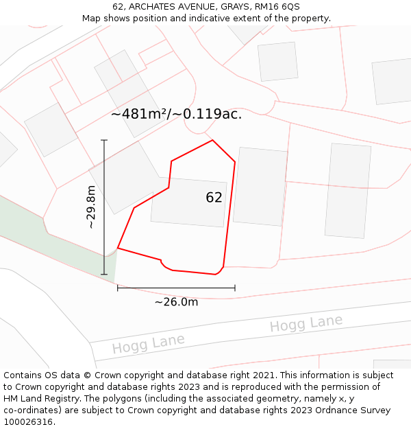 62, ARCHATES AVENUE, GRAYS, RM16 6QS: Plot and title map