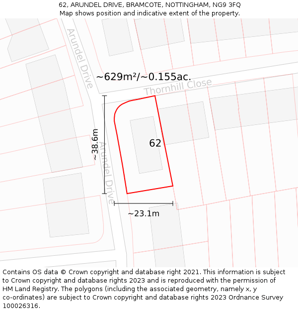 62, ARUNDEL DRIVE, BRAMCOTE, NOTTINGHAM, NG9 3FQ: Plot and title map