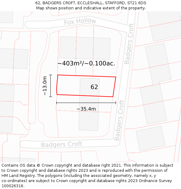 62, BADGERS CROFT, ECCLESHALL, STAFFORD, ST21 6DS: Plot and title map