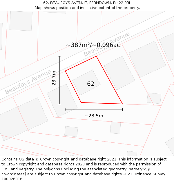 62, BEAUFOYS AVENUE, FERNDOWN, BH22 9RL: Plot and title map