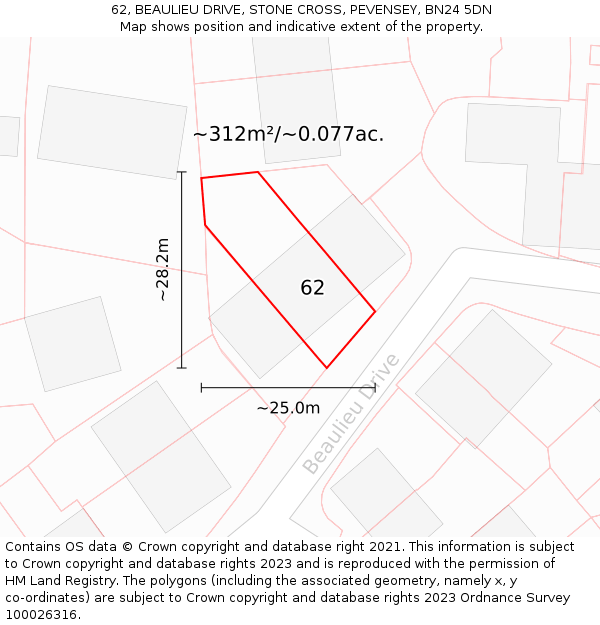 62, BEAULIEU DRIVE, STONE CROSS, PEVENSEY, BN24 5DN: Plot and title map
