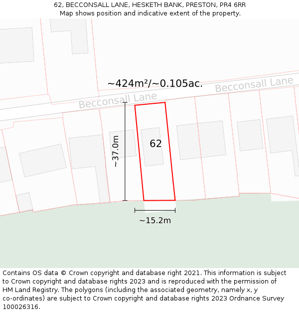 62, BECCONSALL LANE, HESKETH BANK, PRESTON, PR4 6RR: Plot and title map