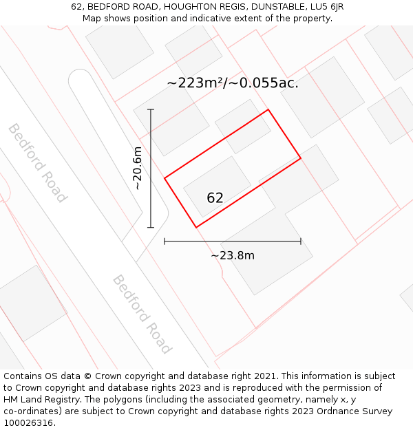 62, BEDFORD ROAD, HOUGHTON REGIS, DUNSTABLE, LU5 6JR: Plot and title map