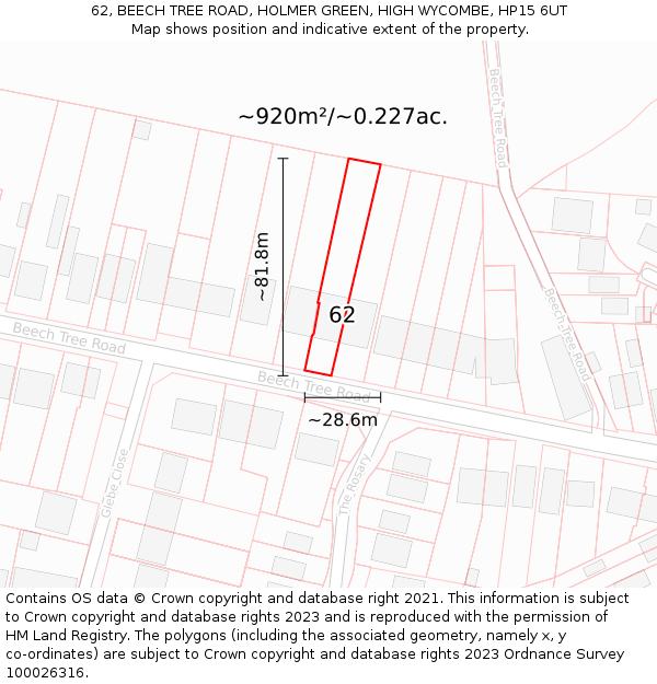 62, BEECH TREE ROAD, HOLMER GREEN, HIGH WYCOMBE, HP15 6UT: Plot and title map