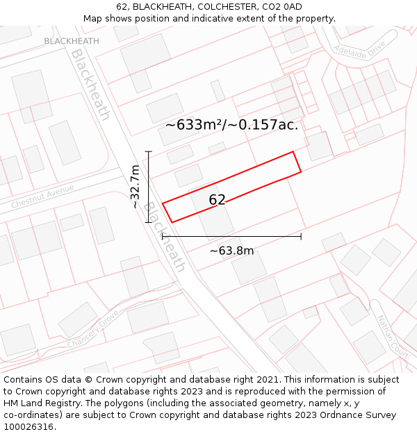 62, BLACKHEATH, COLCHESTER, CO2 0AD: Plot and title map