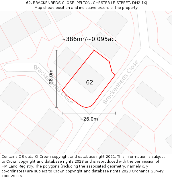 62, BRACKENBEDS CLOSE, PELTON, CHESTER LE STREET, DH2 1XJ: Plot and title map