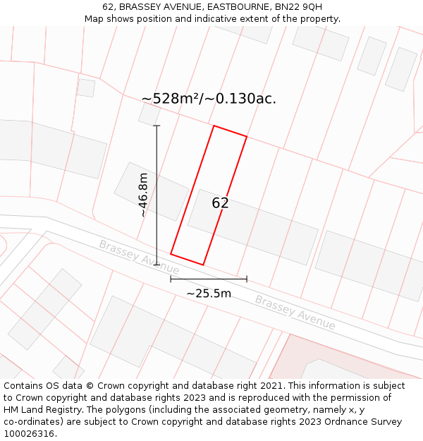 62, BRASSEY AVENUE, EASTBOURNE, BN22 9QH: Plot and title map