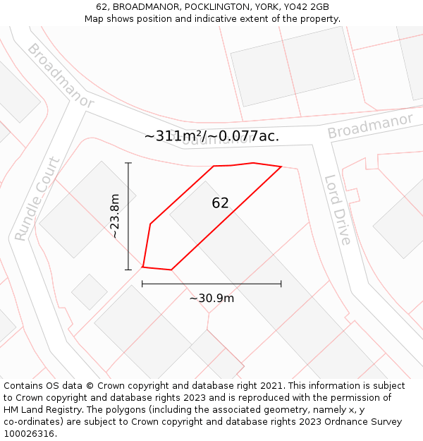 62, BROADMANOR, POCKLINGTON, YORK, YO42 2GB: Plot and title map