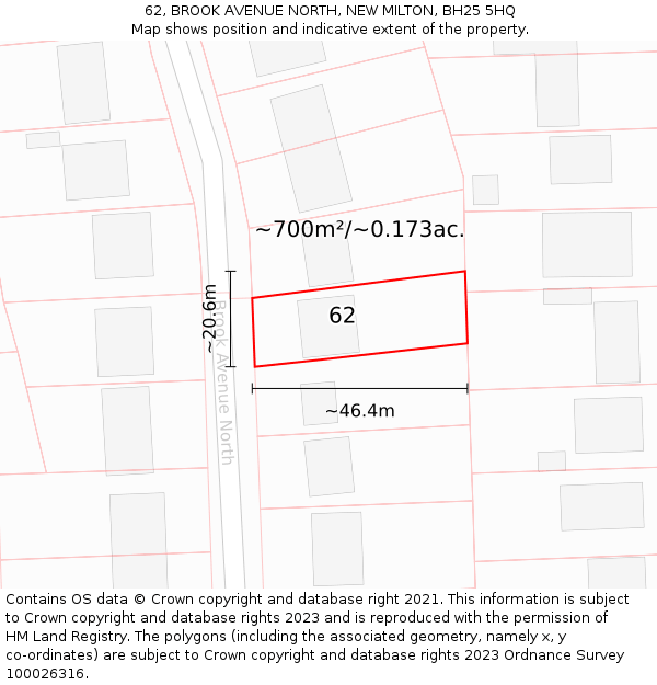 62, BROOK AVENUE NORTH, NEW MILTON, BH25 5HQ: Plot and title map