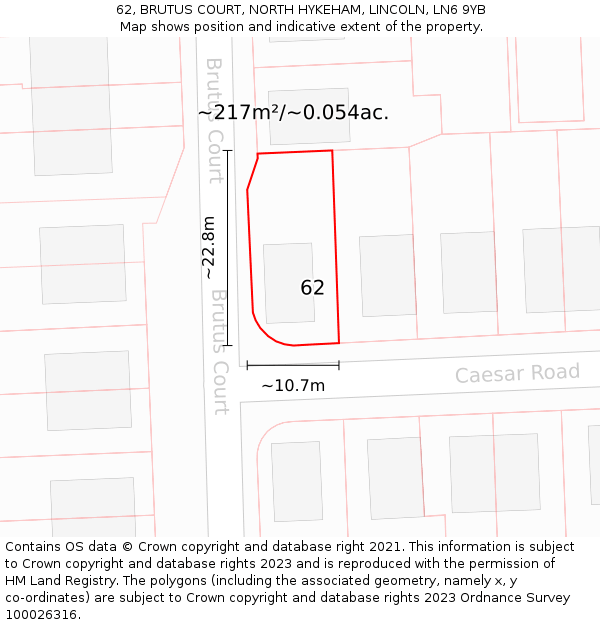62, BRUTUS COURT, NORTH HYKEHAM, LINCOLN, LN6 9YB: Plot and title map