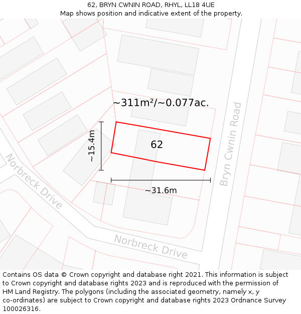 62, BRYN CWNIN ROAD, RHYL, LL18 4UE: Plot and title map