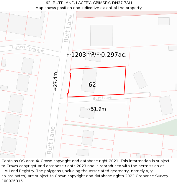 62, BUTT LANE, LACEBY, GRIMSBY, DN37 7AH: Plot and title map