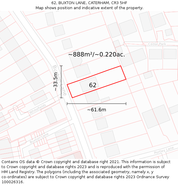 62, BUXTON LANE, CATERHAM, CR3 5HF: Plot and title map