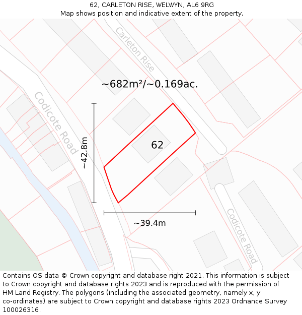 62, CARLETON RISE, WELWYN, AL6 9RG: Plot and title map