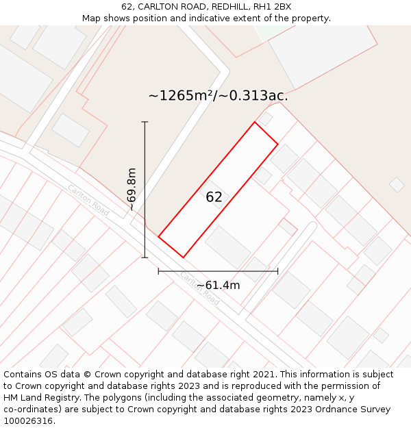 62, CARLTON ROAD, REDHILL, RH1 2BX: Plot and title map