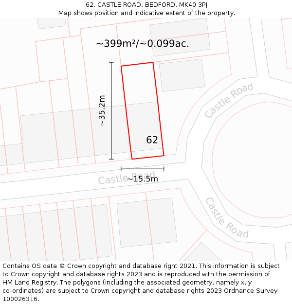 62, CASTLE ROAD, BEDFORD, MK40 3PJ: Plot and title map