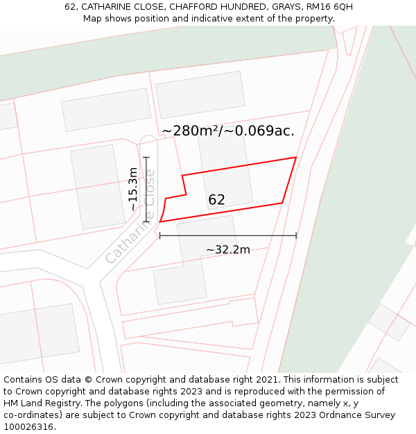 62, CATHARINE CLOSE, CHAFFORD HUNDRED, GRAYS, RM16 6QH: Plot and title map