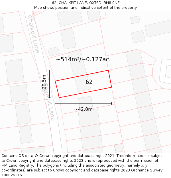 62, CHALKPIT LANE, OXTED, RH8 0NE: Plot and title map