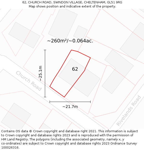 62, CHURCH ROAD, SWINDON VILLAGE, CHELTENHAM, GL51 9RG: Plot and title map