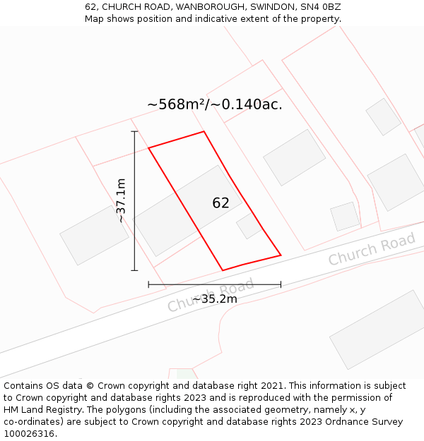 62, CHURCH ROAD, WANBOROUGH, SWINDON, SN4 0BZ: Plot and title map